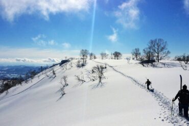 Skiers trekking through deep powder snow in Hokkaido, Japan under a clear blue sky, capturing the backcountry ski experience in winter.