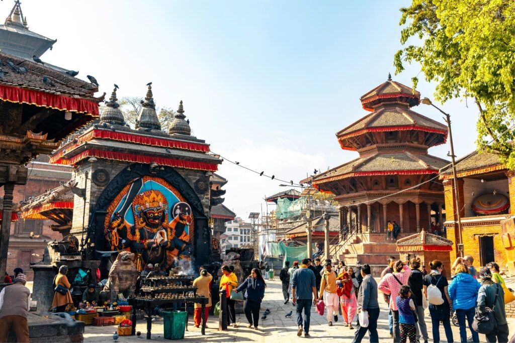 Kaal Bhairav shrine and pagoda temples in Kathmandu Durbar Square, a UNESCO World Heritage Site