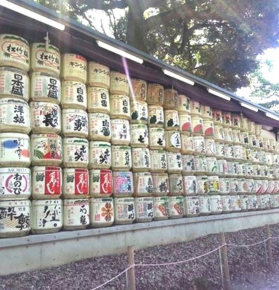 A multitude of sake barrels at Meiji Shrine Tokyo Japan