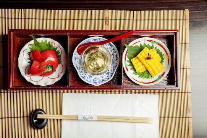 Shun Ka Shuu Tou Kaiseki appetisers - Shizuoka Tomato, Young Tofu and Water Lily, and Corn