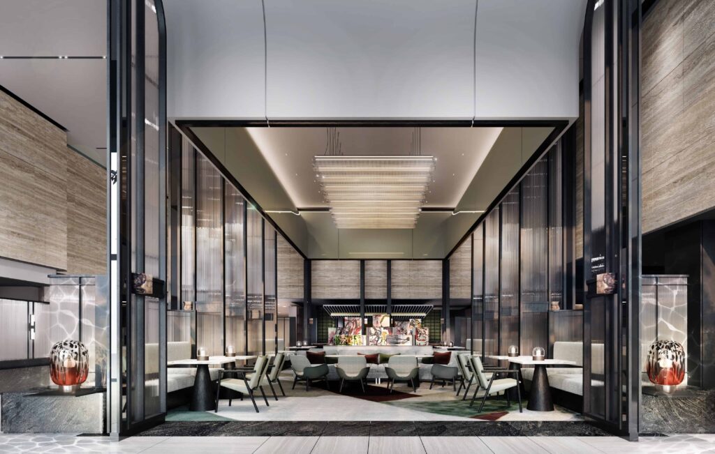 Ginger.Lily restaurant entrance at Hilton Singapore Orchard, with arched glass partitions and travertine walls