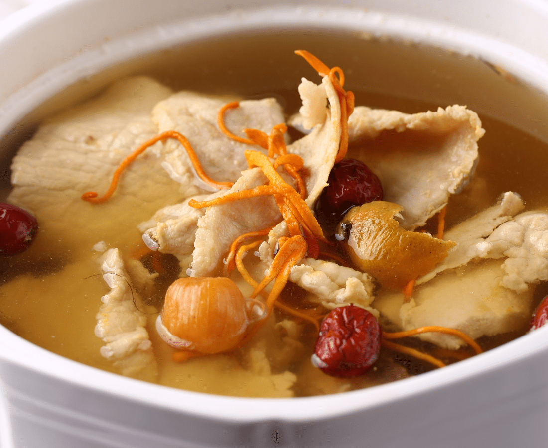 Chinese herbal soup made up of Chinese herbs such as cordyceps militaris, dried longan, red dates.