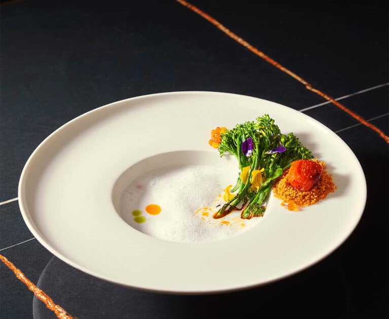Raw Coconut Milk & Broccolini Adorned with Flying Fish Roe