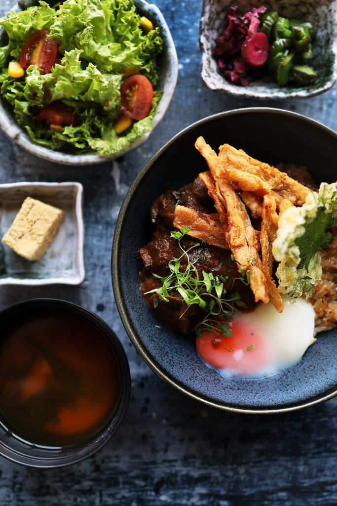 A4 Wagyu Hamburg Donburi set lunch at Ginkyō by Kinki, One Holland Village, Singapore, served with miso soup, petite salad and condiments