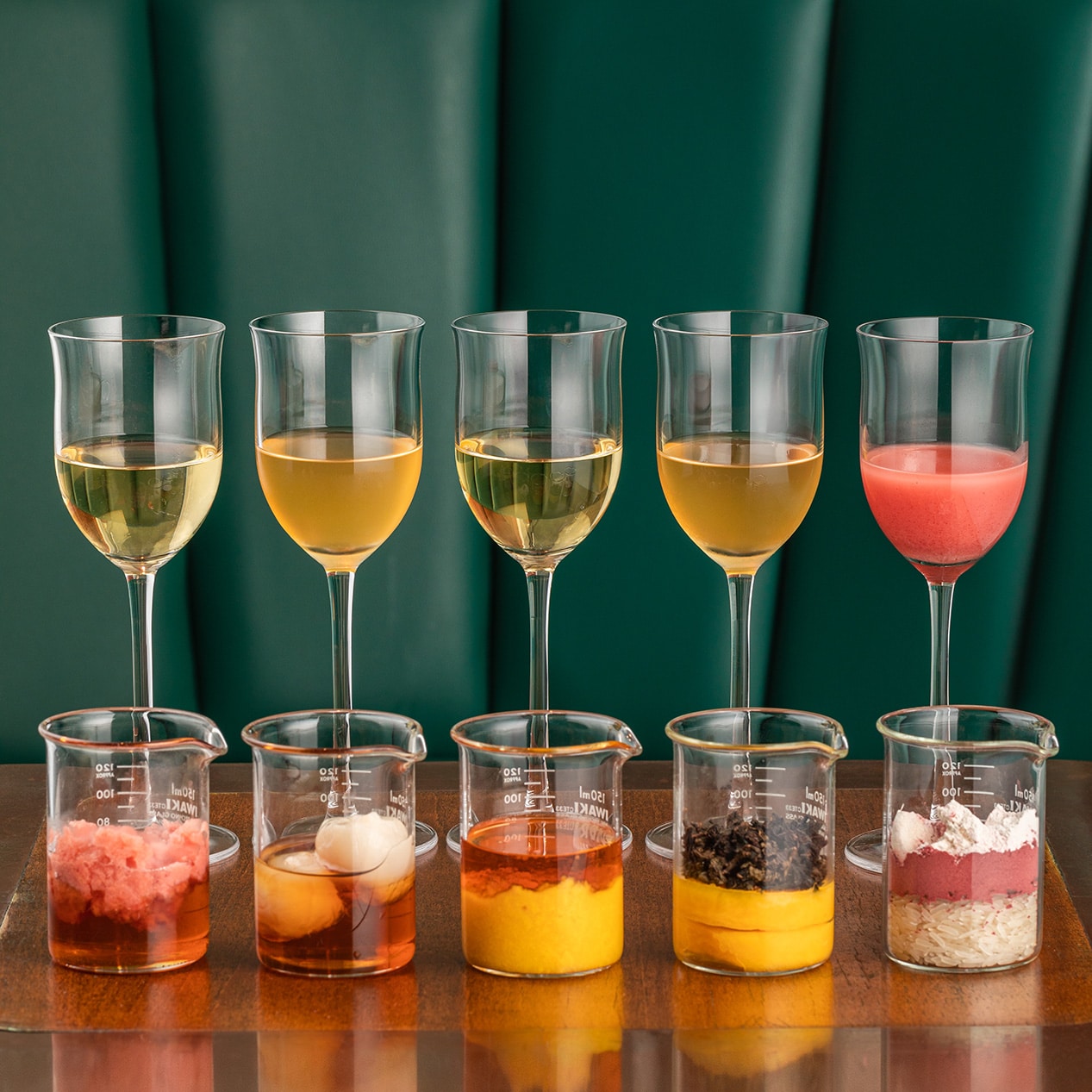 Fermentation cocktail flight at Native Singapore featuring wine glasses paired with beakers of unique ingredients like turmeric, lychee, and koji — known for hyperlocal and sustainable mixology.