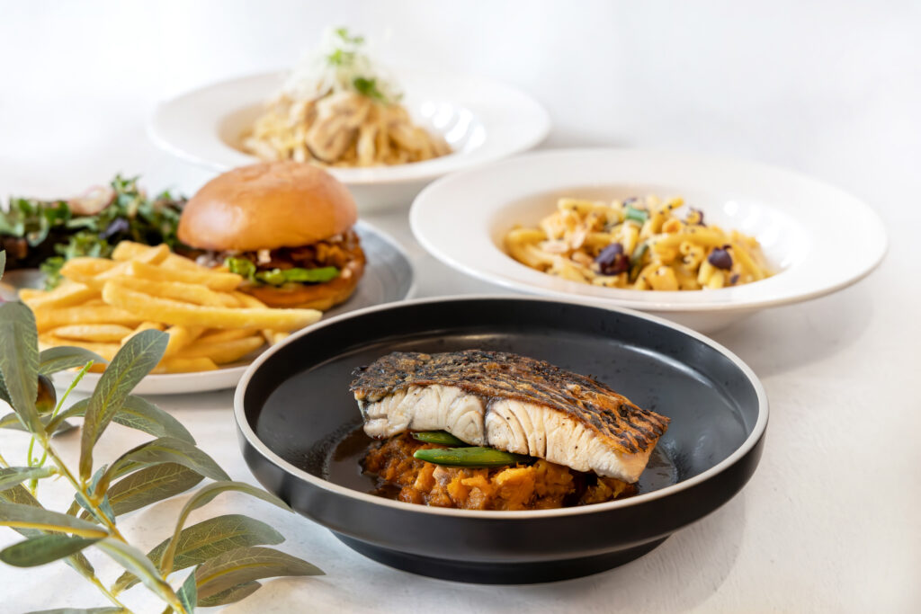 Executive 2-Course Set Lunch at The Marmalade Pantry, Singapore, featuring pan-fried barramundi, pulled pork burger with fries, creamy chicken spaghetti and tahini miso maccheroni