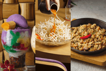 Halo-Halo dessert, crispy pork sisig, and Lumpia spring rolls at hayop.