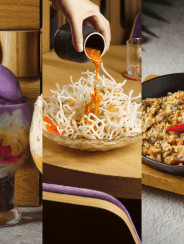 Halo-Halo dessert, crispy pork sisig, and Lumpia spring rolls at hayop.