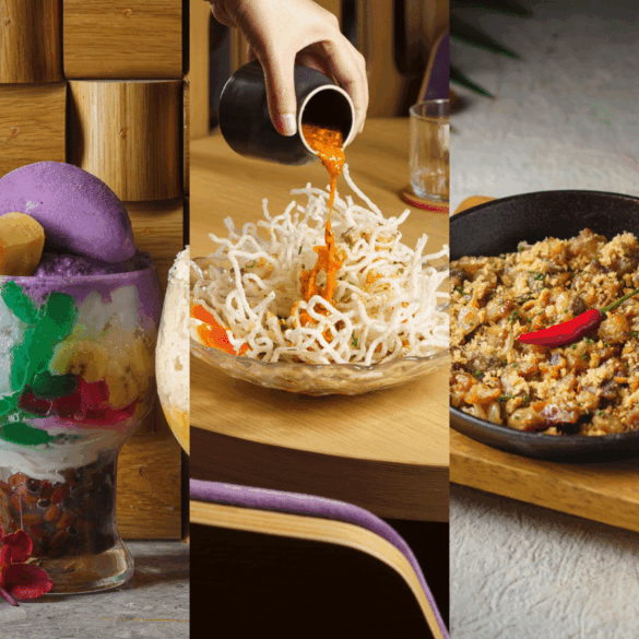 Halo-Halo dessert, crispy pork sisig, and Lumpia spring rolls at hayop.