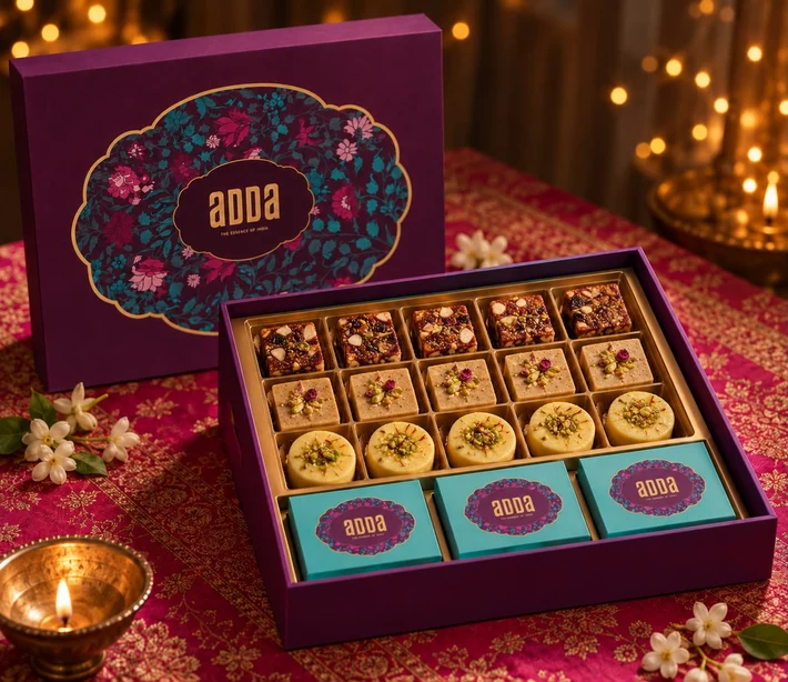 Adda Deepavali mithai box in purple floral packaging, with rows of barfi, peda and fig bites and three teal snack boxes.