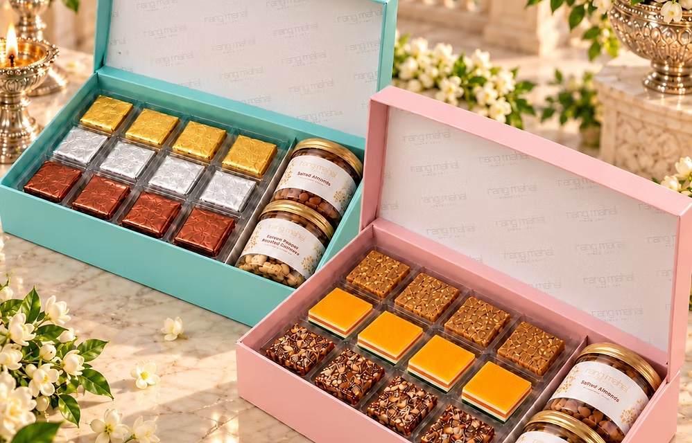 Rang Mahal Mythical Gardens mithai boxes in turquoise and blush pink, each with 12 mithai and two jars of nuts.