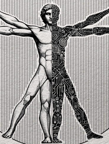 Vitruvean man half organic, half digital artificial intelligence (AI).