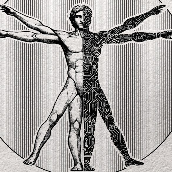 Vitruvean man half organic, half digital artificial intelligence (AI).