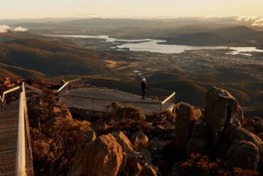 a photo of the view at the summit at kunanyi, mount wellington in tasmania, australia