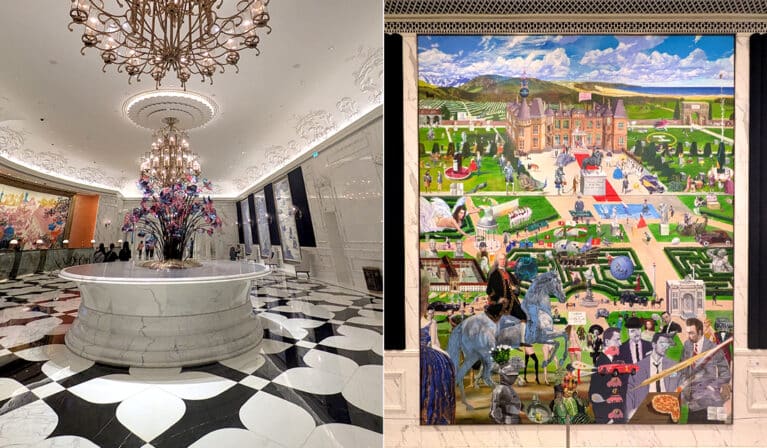 A photo montage of Grand Lisboa Palace Resort Macau, east lobby and art by artist Konstantin Bessmertny