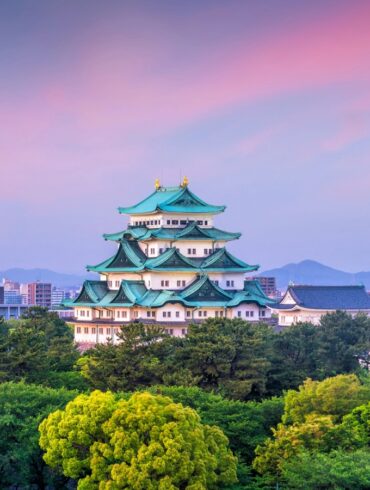 a photo of nagoya castle and the city skyline
