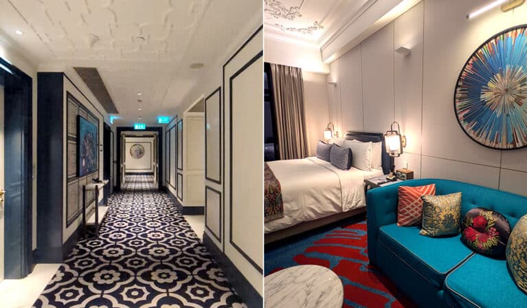 Photo montage of room lobby, room, and bathroom.