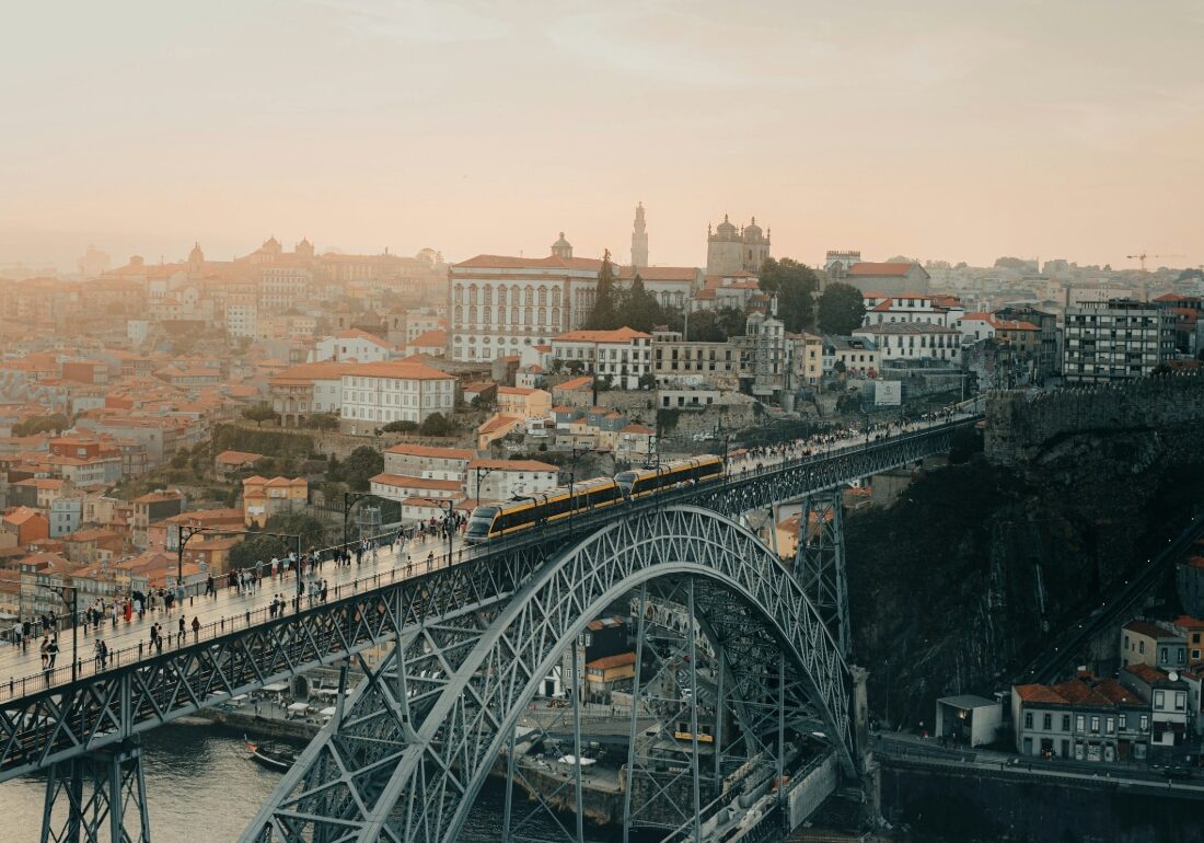 an aeriel view of the famous Ponte Dom Luis in Porto, Portugal