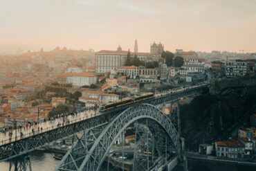 an aeriel view of the famous Ponte Dom Luis in Porto, Portugal