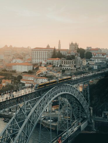 an aeriel view of the famous Ponte Dom Luis in Porto, Portugal