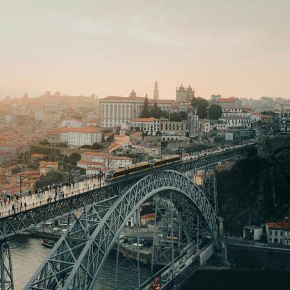 an aeriel view of the famous Ponte Dom Luis in Porto, Portugal