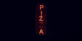 An orange neon sign displaying the word "Pizza"