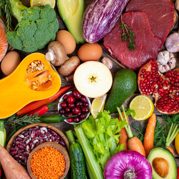 Fresh vegetables, fruits, meat and fish on table. Healthy food