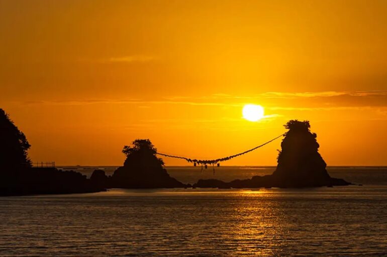 Sunset views at Itoshima Seaside Shrine, fukuoka city, japan