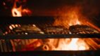 Close-up of Thai-style meats grilling over an open woodfire flame at Fi Woodfire Thai, the new Shaw Centre restaurant featuring 450°C lychee wood ovens.
