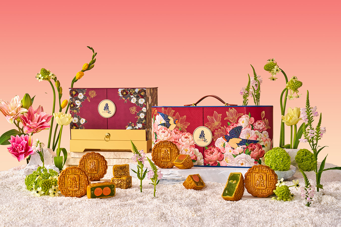 Ding Mooncake’s 2025 Mid-Autumn collection featuring premium traditional baked mooncakes with intricate designs, set against floral-themed luxury gift boxes in rich red and gold tones, perfect for gifting in Singapore.