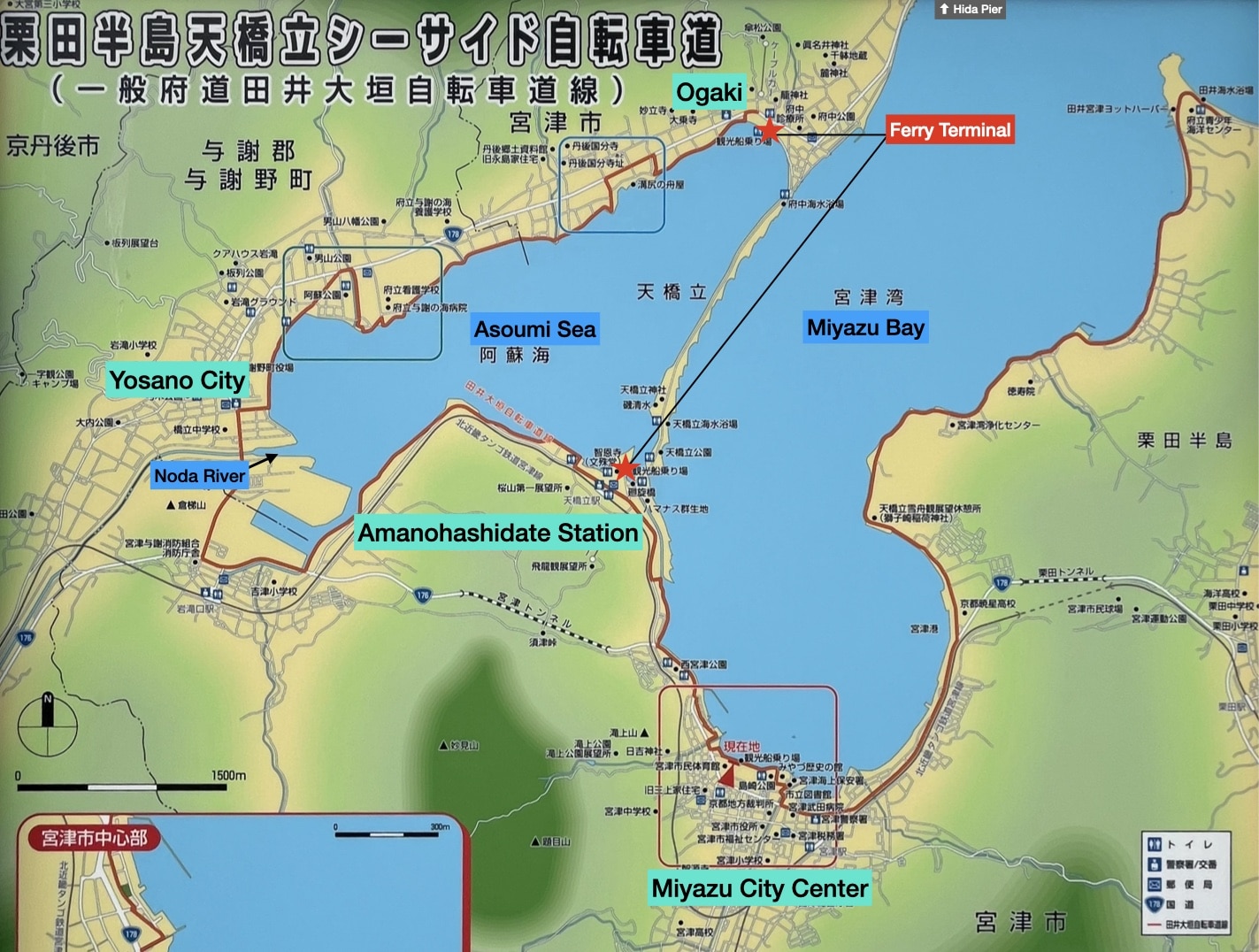 Tourist map of Amanohashidate showing Miyazu Bay, Asoumi Sea, Ogaki ferry terminal, and nearby cities in northern Kyoto, Japan.