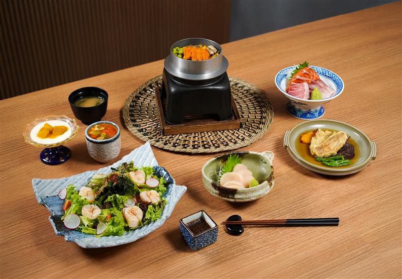 Hokkaido Dinner Set for Two at Hanare by Takayama, featuring uni kamameshi, scallop salad, snow crab chawanmushi, sashimi, grilled fish and wagyu steak.