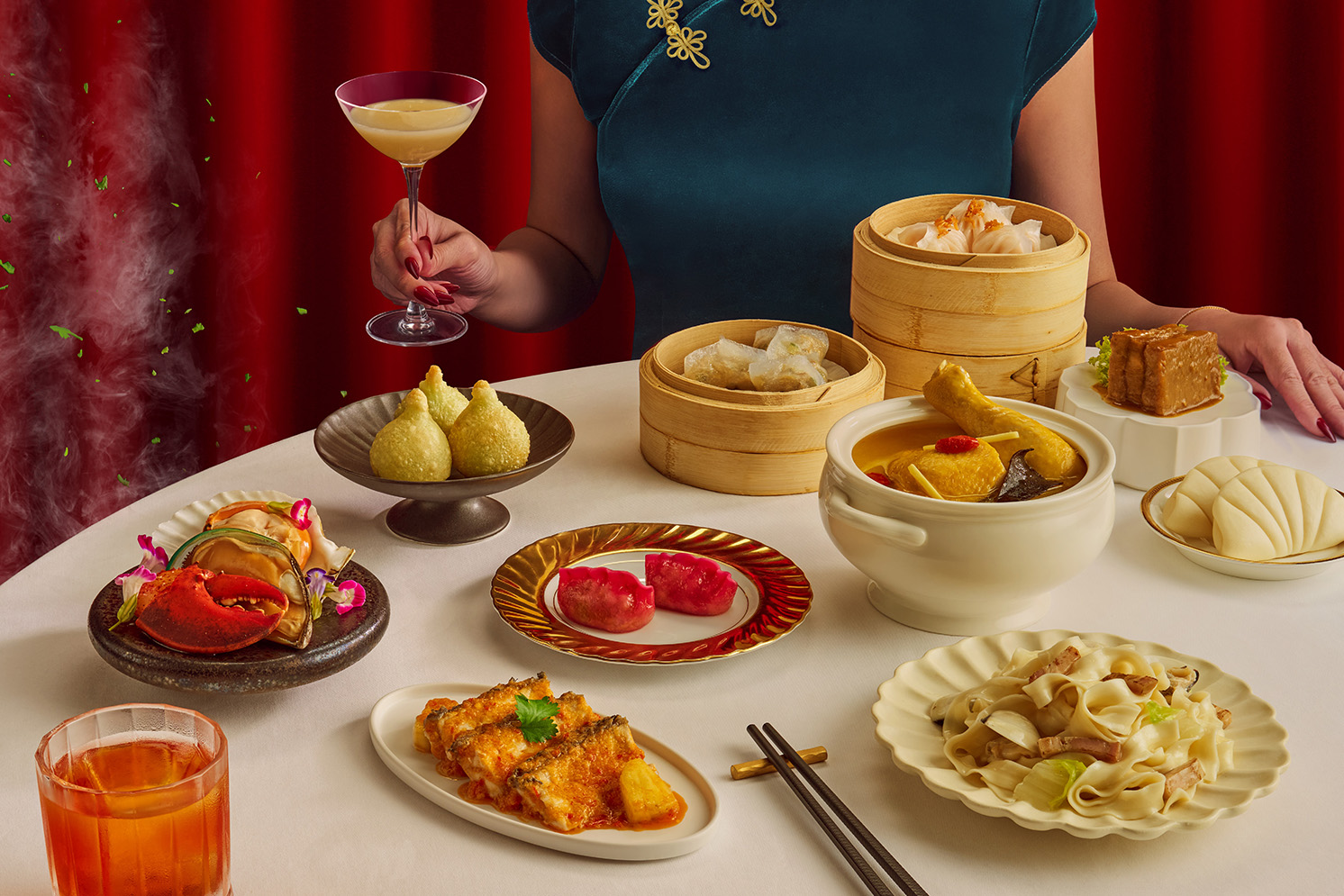 Weekend dim sum brunch at Madame Fan Singapore featuring steamed dumplings, crab, herbal soup, cocktails and classic Cantonese small plates.