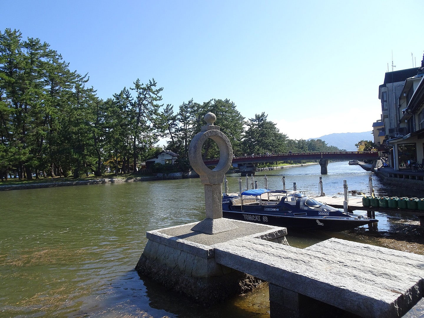 Chie-no-wa circular stone lantern near the rotating bridge at Amanohashidate, Miyazu, Kyoto Prefecture, Japan.