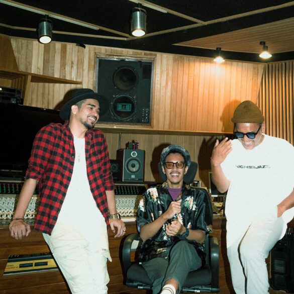 Batavia Collective, the jazz trio from Jakarta smiling in the studio.