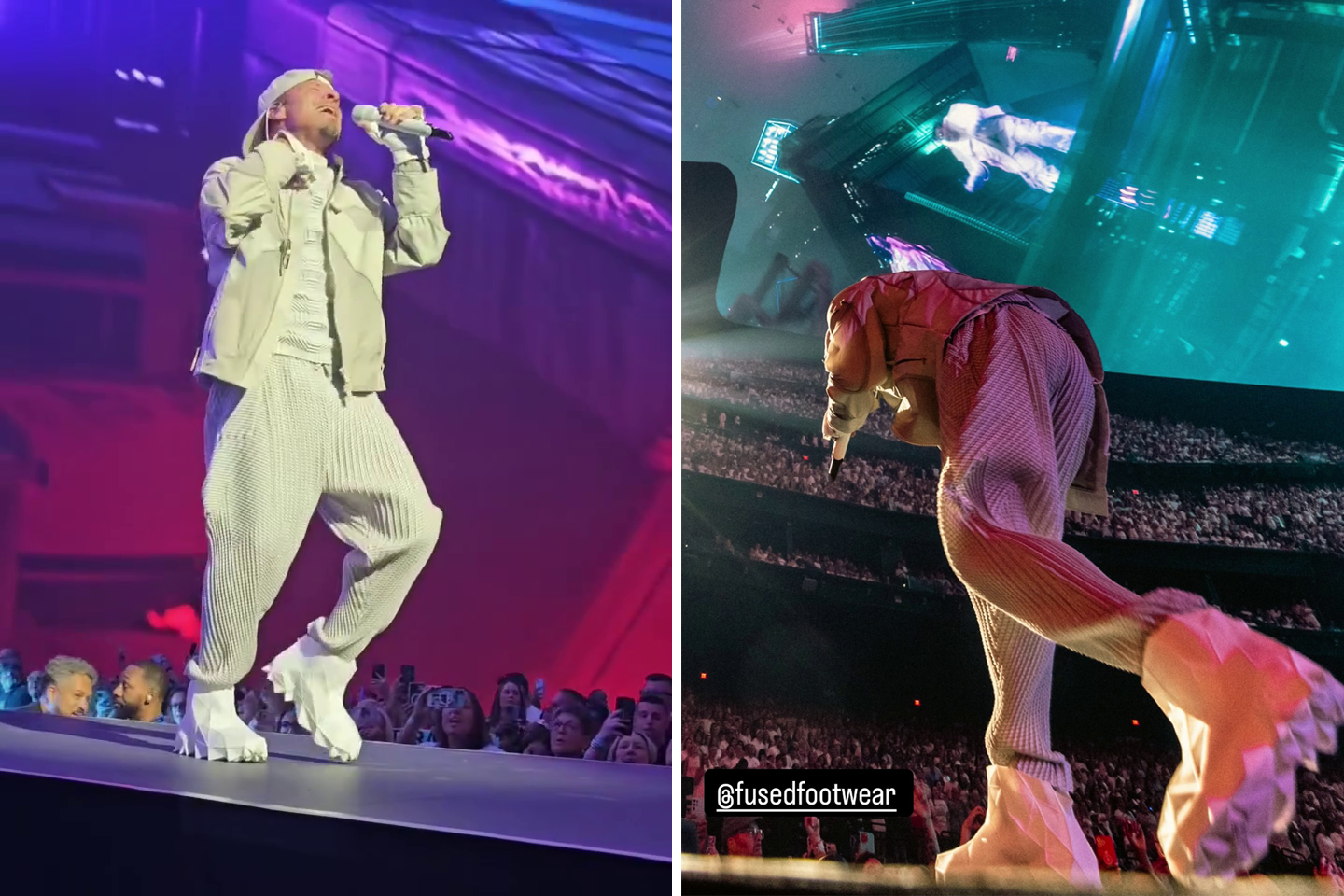 A pop music performer sings for a full arena wearing white futuristic clothes