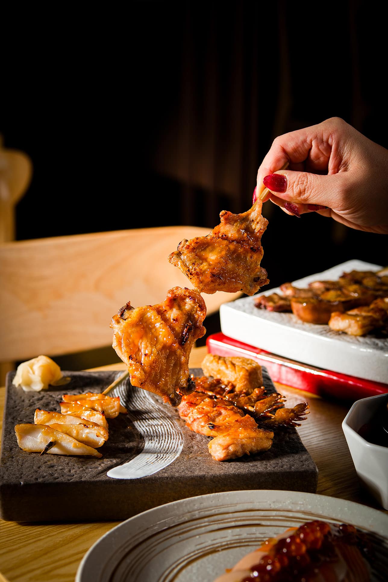 Grilled chicken yakitori skewers glazed with miso tare at Daikoku Japanese Izakaya in Singapore