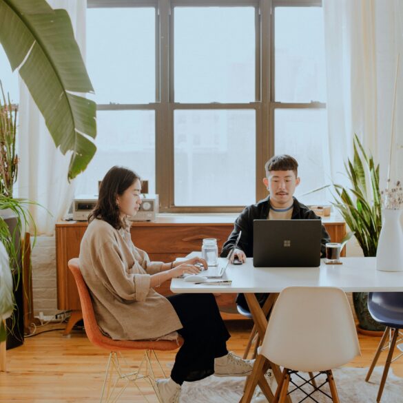 Two Asian digital nomads working remotely on laptops in a modern home office with natural light and indoor plants.