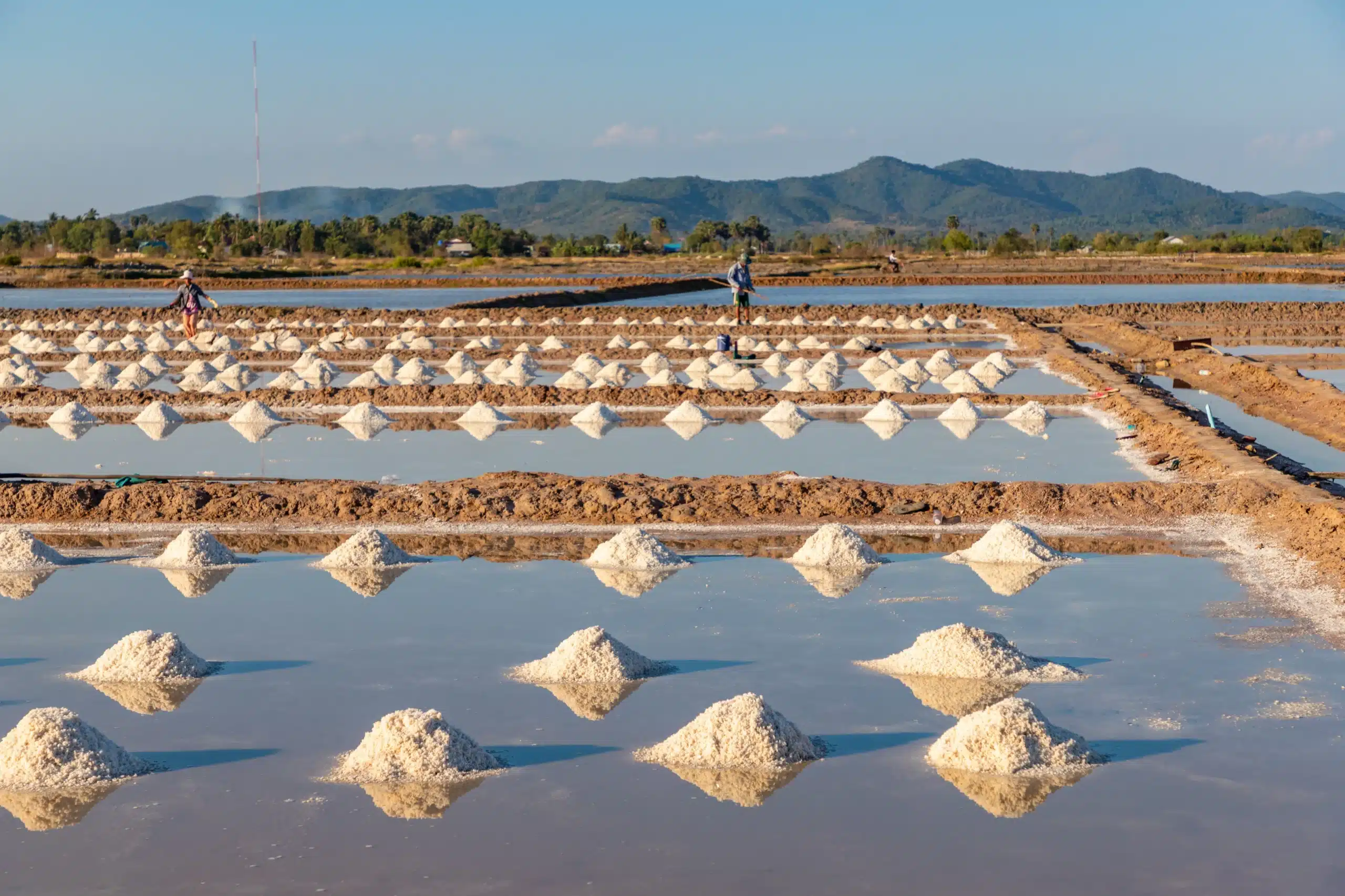 Traditional salt fields in Kampot province near Kep, Cambodia – an iconic cultural landscape and eco-tourism experience close to Knai Bang Chatt.
