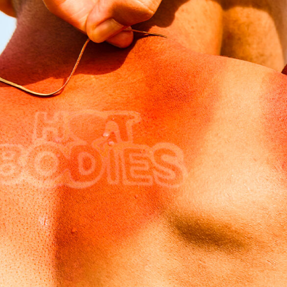 Sunburnt back with “HOT BODIES” tan line logo – promotional key visual for HOT BODIES Heatwear Exhibition in Singapore, exploring fashion and climate resilience.