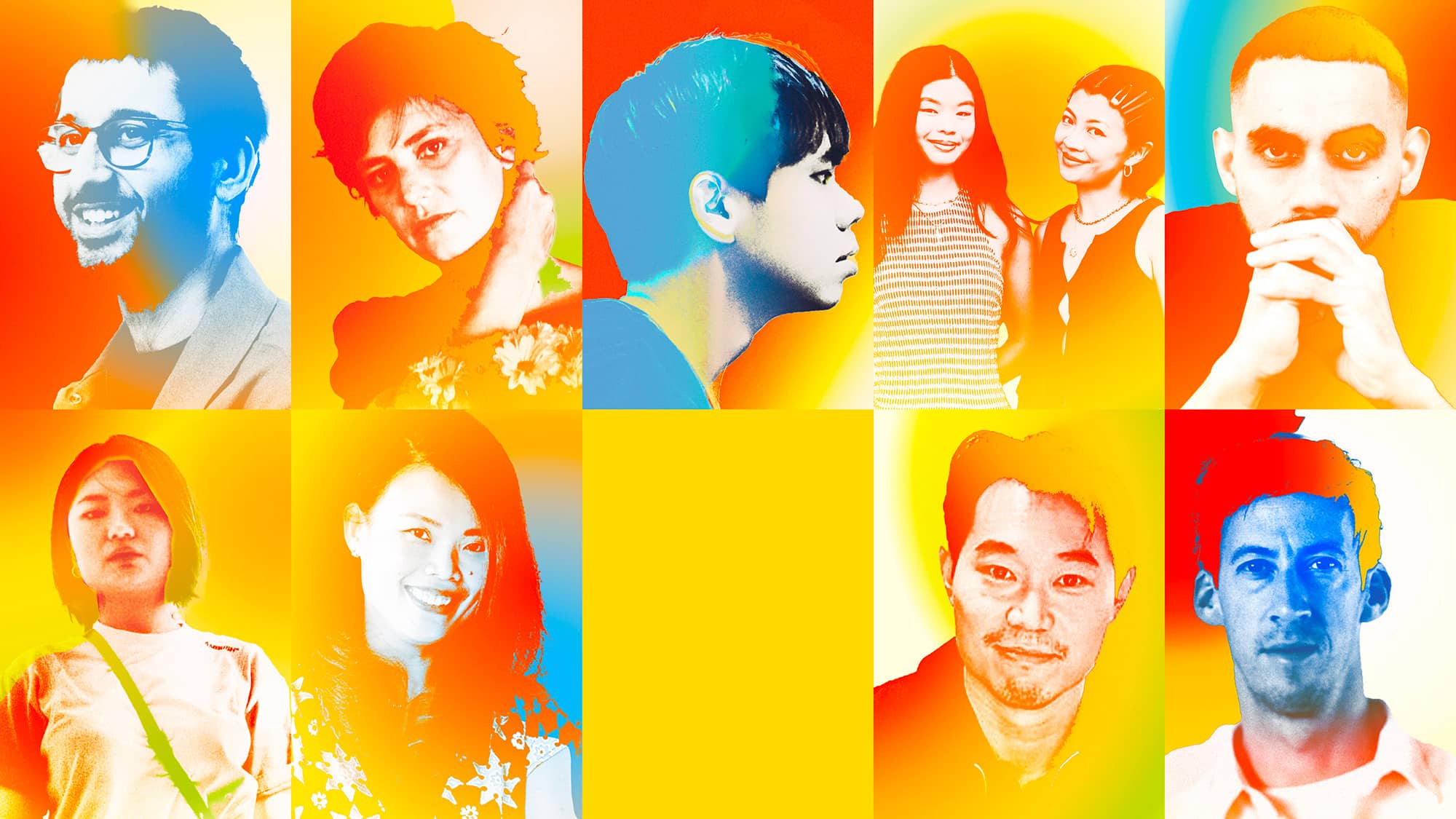 Portrait collage of HOT BODIES exhibition collaborators and designers from Singapore and around the world, showcasing creative diversity in heat-responsive fashion design.