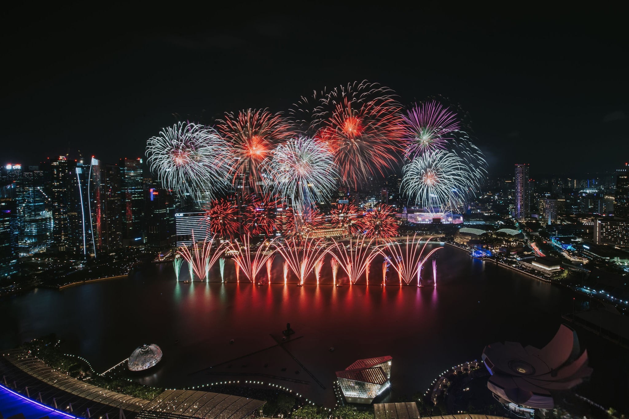 Panoramic view of New Year’s Eve fireworks over Marina Bay Singapore from CE LA VI Singapore
