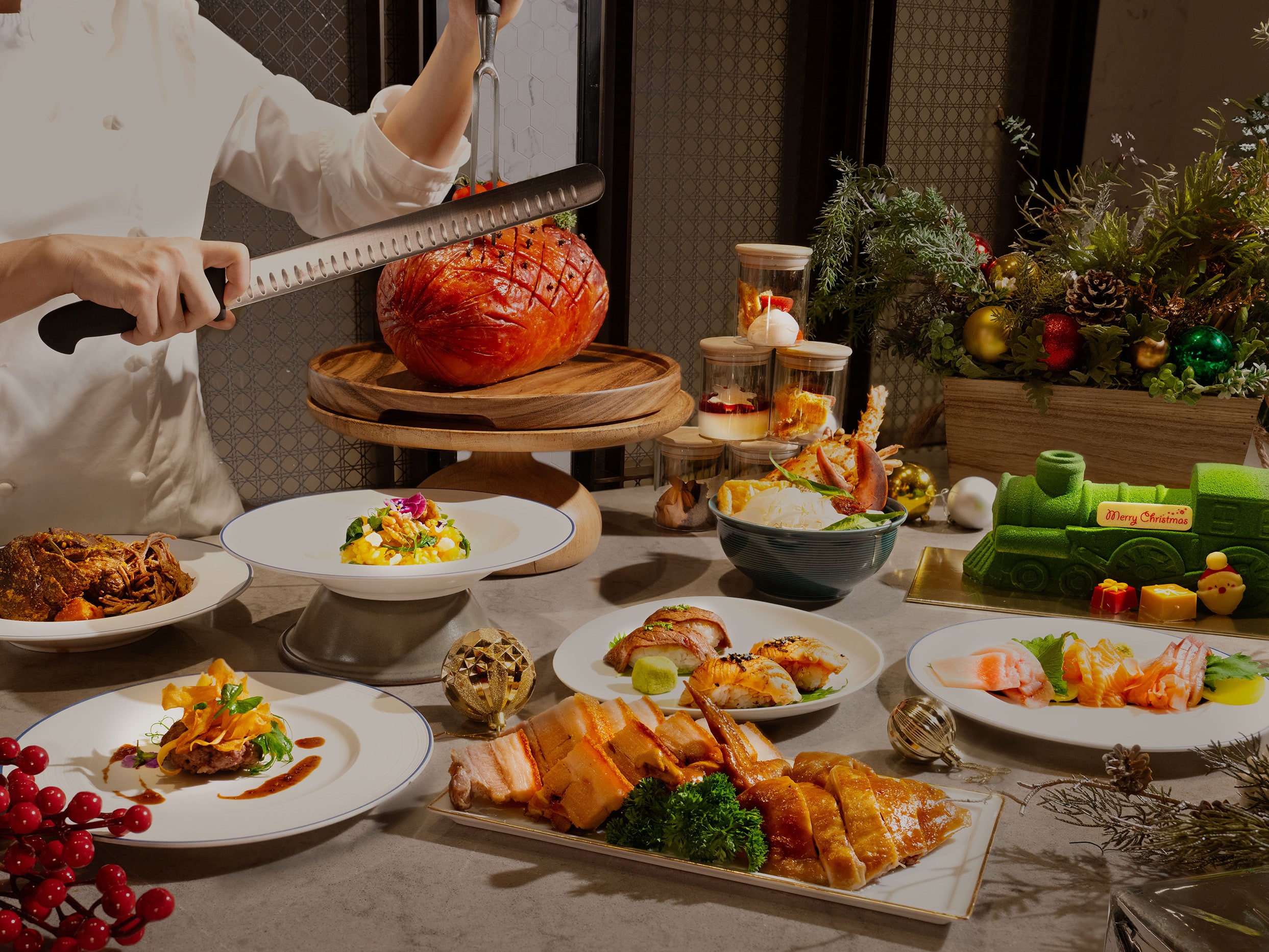 Estate’s luxurious Christmas Day lunch buffet at Hilton Singapore Orchard featuring fresh sashimi, roasts, and festive desserts.