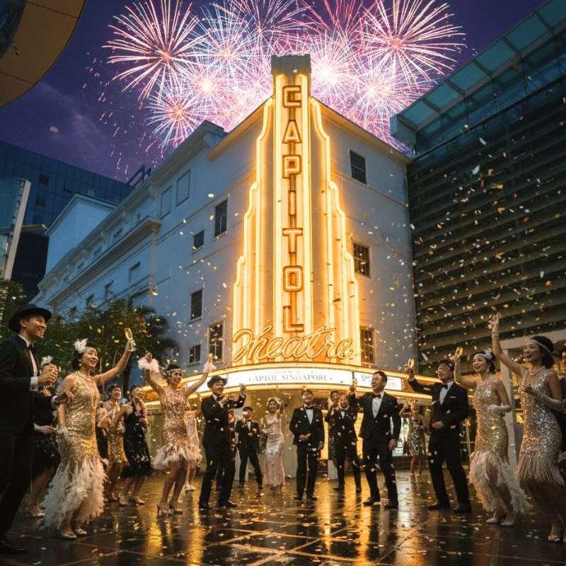 Gatsby-style New Year’s Eve countdown party outside Capitol Theatre Singapore with fireworks