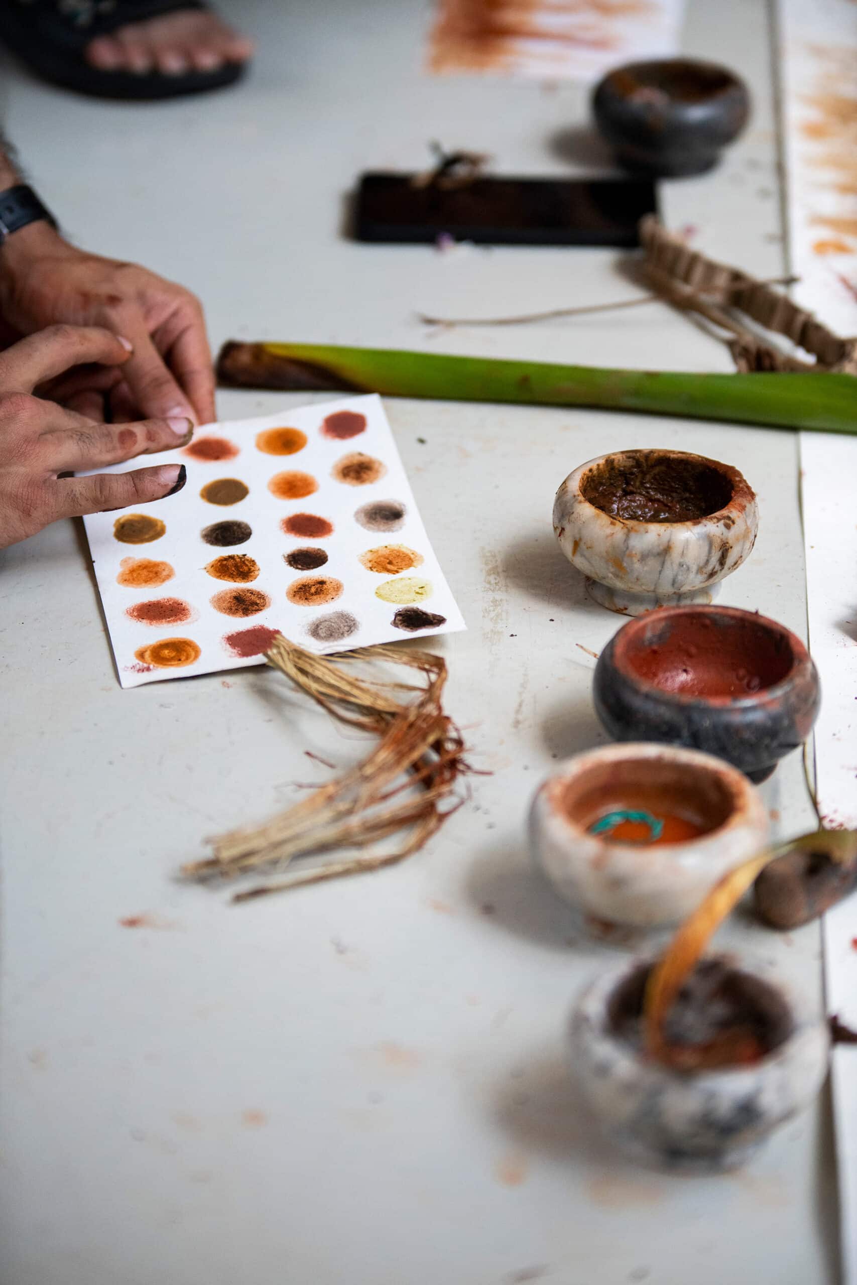 Natural earth pigments and handmade paints laid out for a soil art workshop at the Living Earth Festival, highlighting ecological art practices in Singapore.