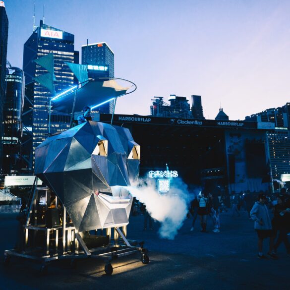 Silent disco installation at Clockenflap 2025 with Hong Kong skyline in view, blending music, urban design, and late-night energy.