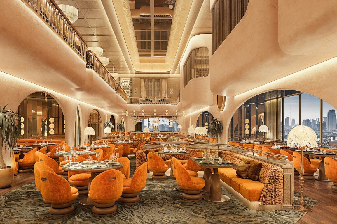 The main dining room at The Consul Bangkok, a modern members club in Bangkok featuring elevated Chinese cuisine and sweeping city views.