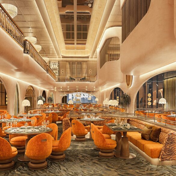 The main dining room at The Consul Bangkok, a modern members club in Bangkok featuring elevated Chinese cuisine and sweeping city views.