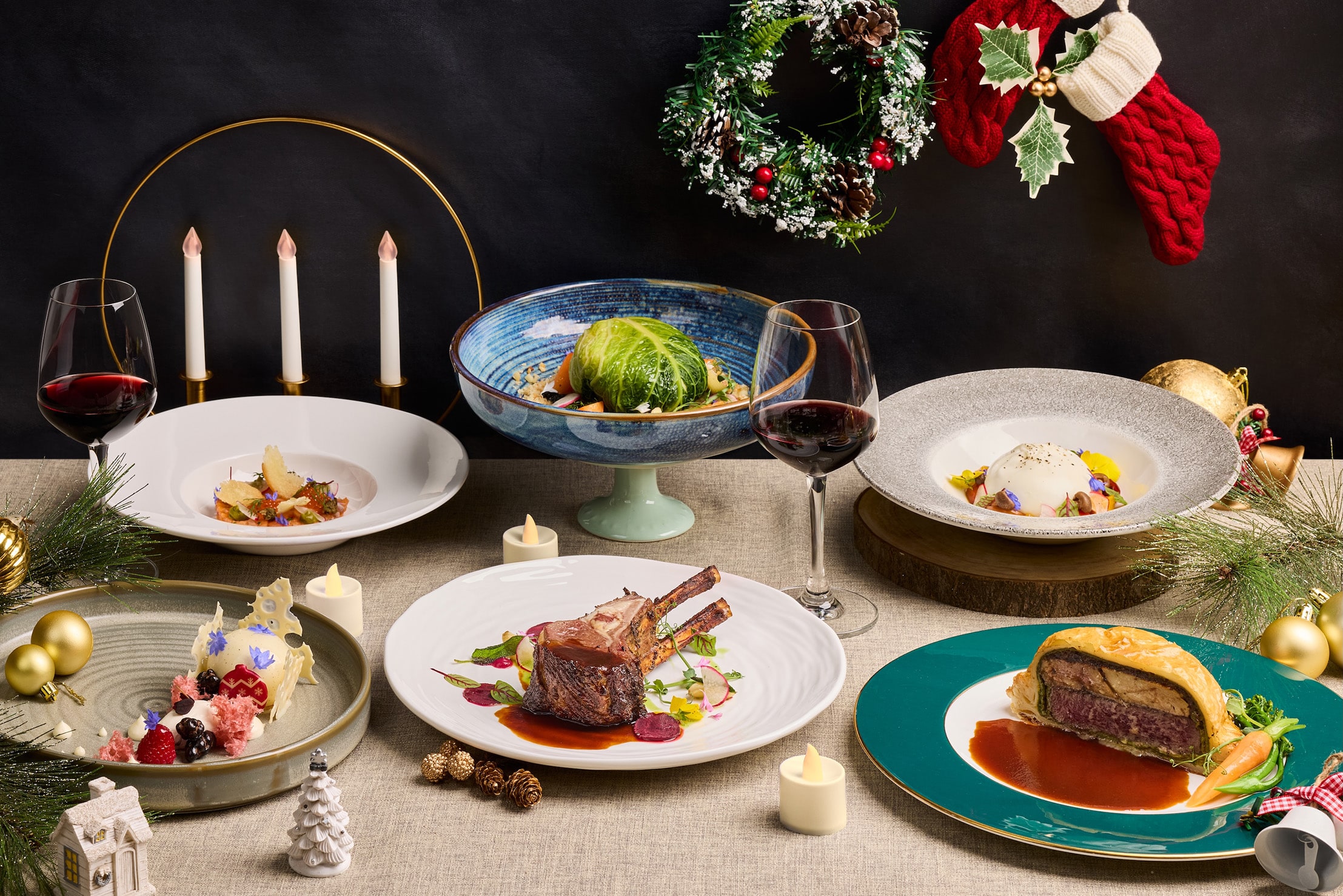 Elegant 4-course Christmas Day lunch at Tablescape featuring burrata, rack of lamb, and festive desserts set in a refined European-style ambience.
