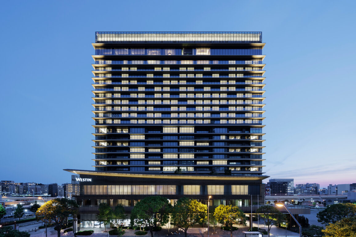 The Westin Yokohama's sleek architectural facade at twilight, a modern Yokohama hotel blending design innovation with wellness-centred hospitality.